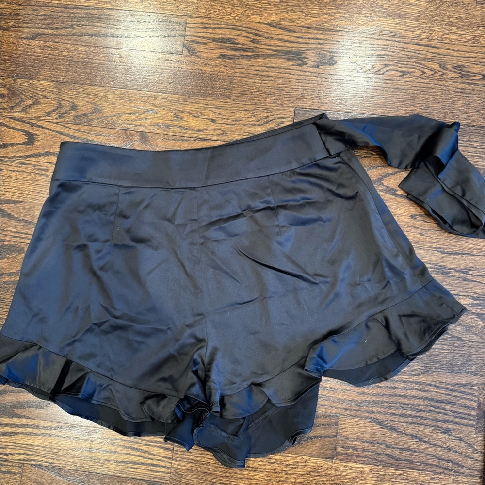 WeWoreWhat Black Satin Ruffle Shorts
